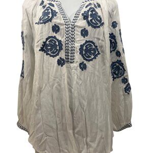 CHICOS Cool Ember Blouse white blue embroidered peasant Women L 2 NWT $120